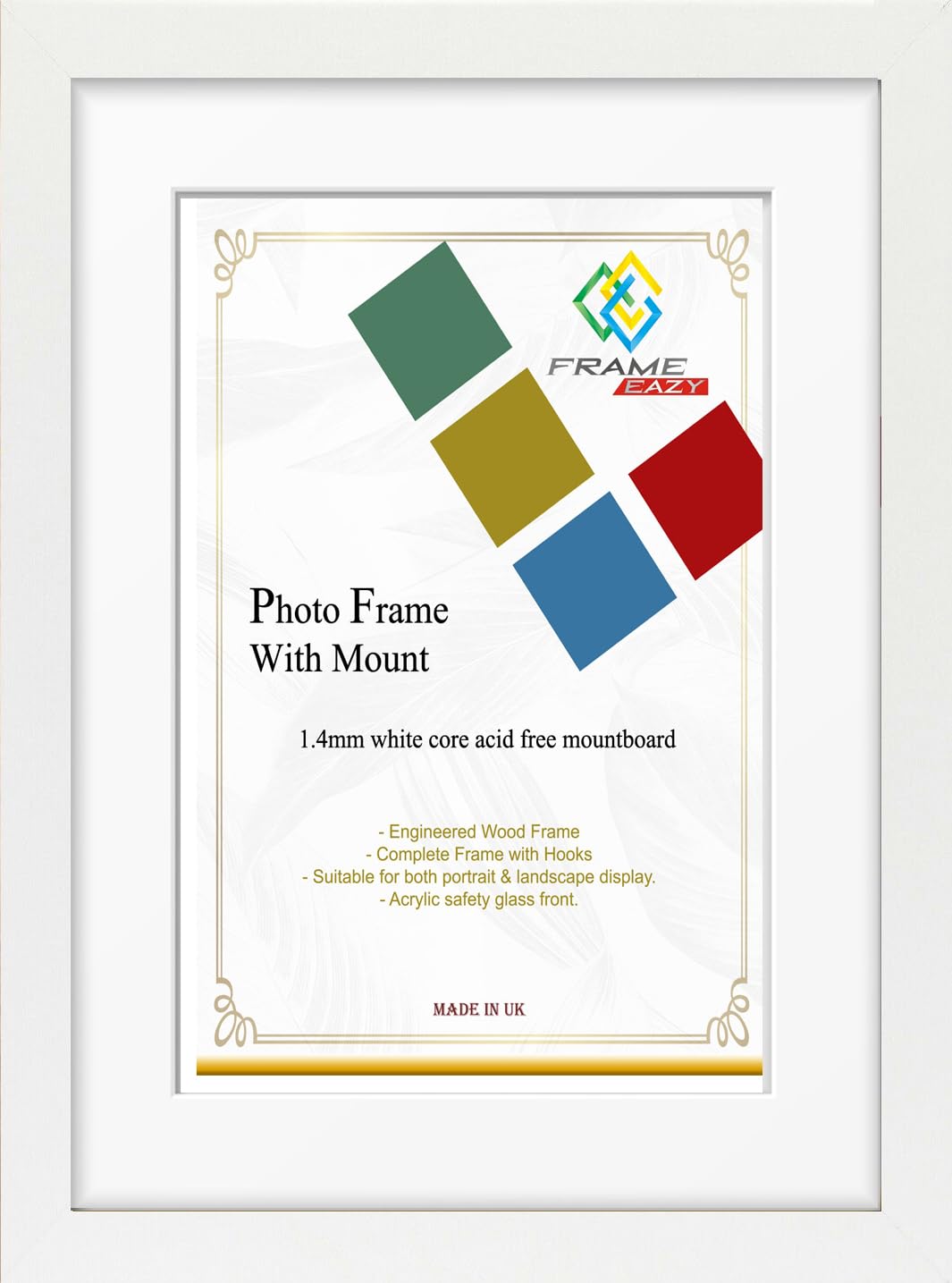 FRAME EAZY Modern White Photo Picture Frame Poster Certificate Frames with White Mount – 80x60 For 70x50cm Picture