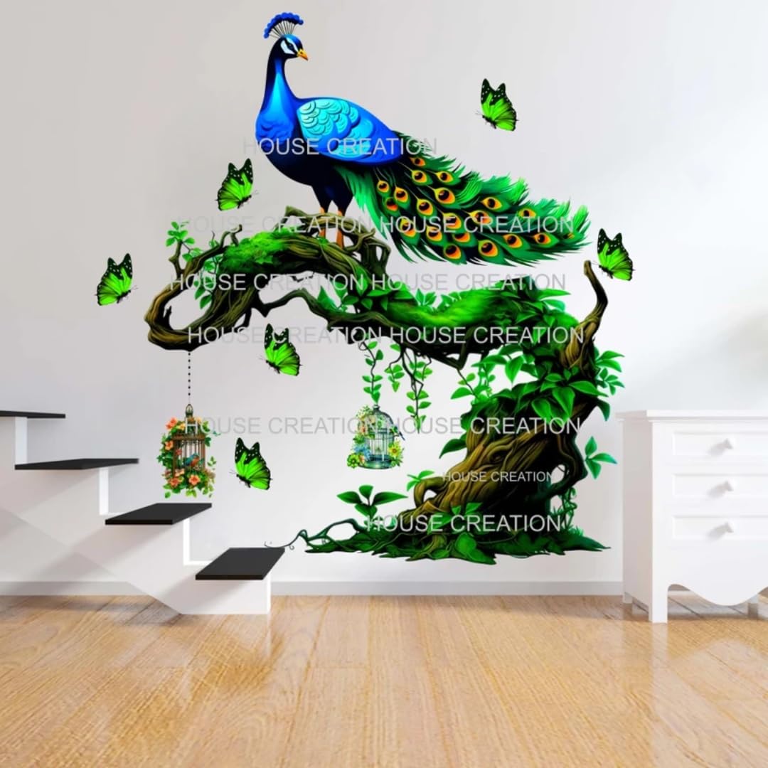 Peacock Wall Sticker with Tree Branch, Butterflies and Birdcages, 70x70 cm, Colorful Home Decor Religious Home Decor, Decal Sticker, Wall Stickers for Bedroom/Living Room/Kids Room, 3D Wall Stickers-image-36