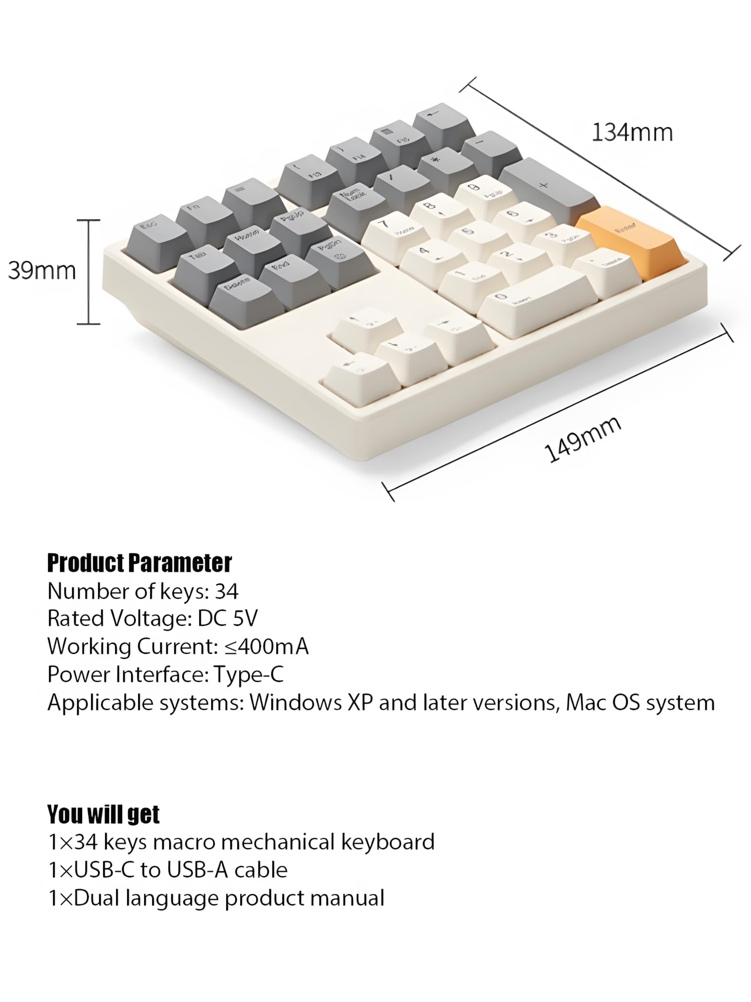VIA Clavier numérique macro RVB, 34 touches, pavé numérique programmable, pavé numérique mécanique filaire avec remplaçable à chaud, capuchons de touches PBT pour bureau, travail de table, jeux