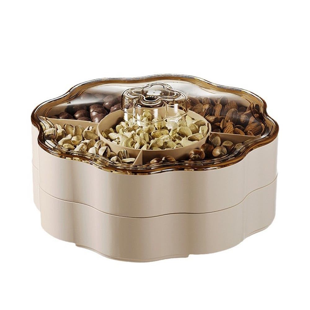 Snack Tray with Lid Divided Candy Box Nut Holder Dried Fruit Box Tray Round Appetizer Tray with Cover 5 Compartment Dry Food Storage Organizer Dish Platter 24cm (Cream white Double layer)