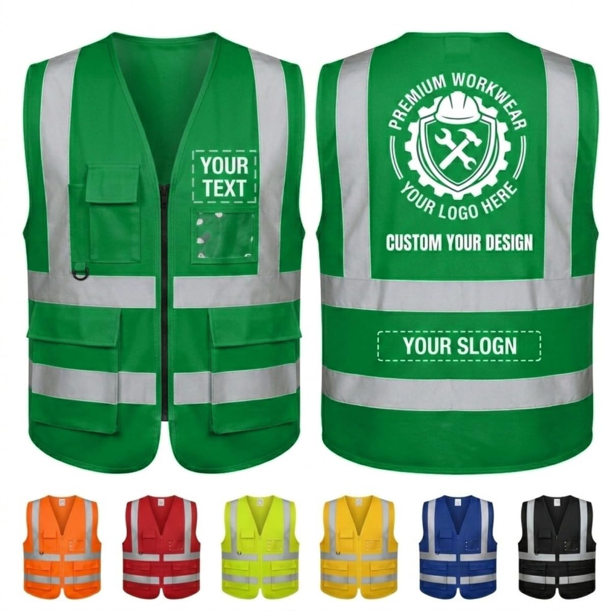 Customised High Visibility Safety Vest for Construction – Hi Vis Waistcoat with Zip, 50MM Reflective Strips, 3 Pockets + ID & Pen Holder – Personalised Workwear LVS-XL