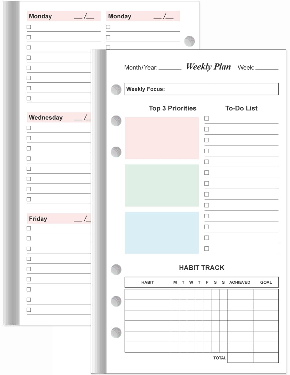 Photo 1 of (2-Pack) A6 Weekly Planner Refills for Filofax Personal Binders, 106 Sheets/212 Pages Undated Colorful Weekly Planner, 6-Hole Punched, 100 gsm White Paper, Lasts 2 Year, Undated, 3.75" x 6.75"