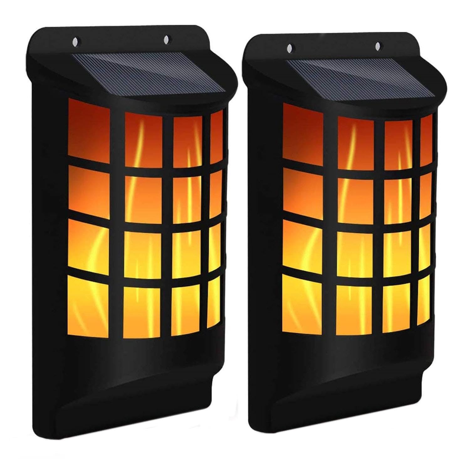 Livhome 2 Pack Solar Wall Lights with Flickering Flame Effect, 60 LED Waterproof Outdoor Solar Torch Lamps for Garden, Pathway, Patio, Balcony & Yard