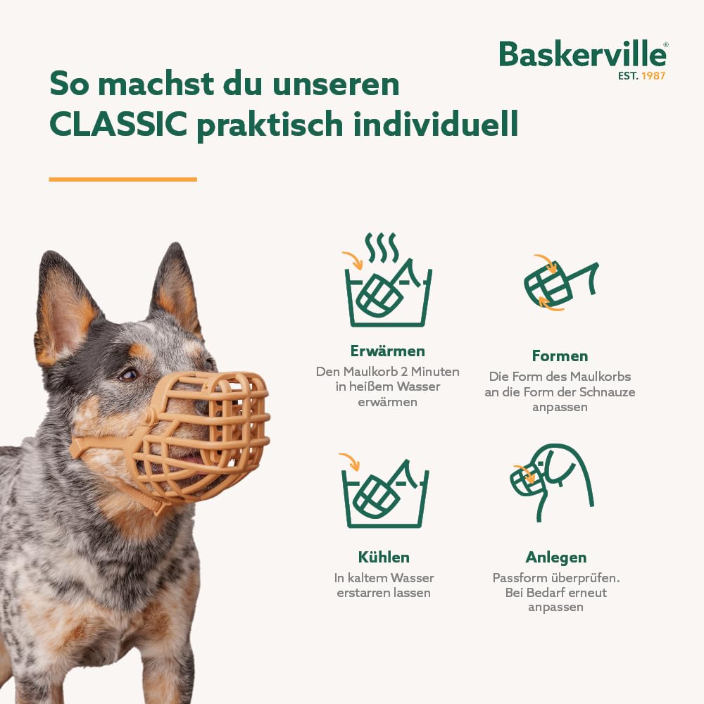 Baskerville Classic Maulkorb - Gestattet Hecheln und Trinken, verhindert Beißen und Stöbern nach Essen, passend für Hunde mit langen Nasen, Trainingsmaulkorb für mittelgroße Hunde (Größe 4)