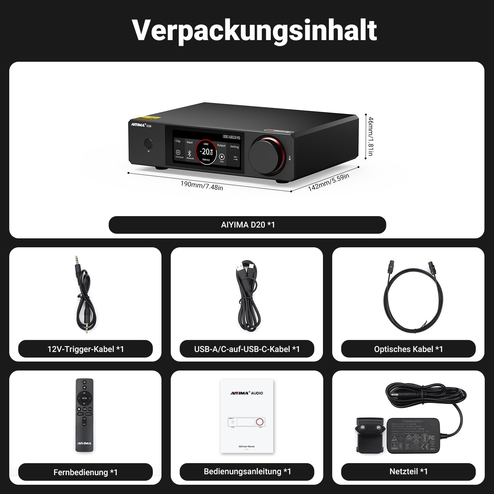 AIYIMA D20 Vollsymmetrischer Hifi-DAC mit zwei DAC-Chips ES9039Q2M AK4493S | XMOS XU316 Desktop-DAC,Bluetooth mit LDAC,ARC-Eingang,XLR-Ausgang,dynamisches VU-Meter,UAC 1.0/2.0 Gaming-DAC für PS5&Switch