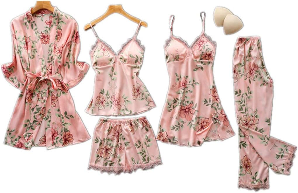 Haitpant Womens Pink Pajamas Sets Strap Top Pants Sleepwear Suit Spring Autumn Home Wear Nightwear Kimono Robe Bath Gown