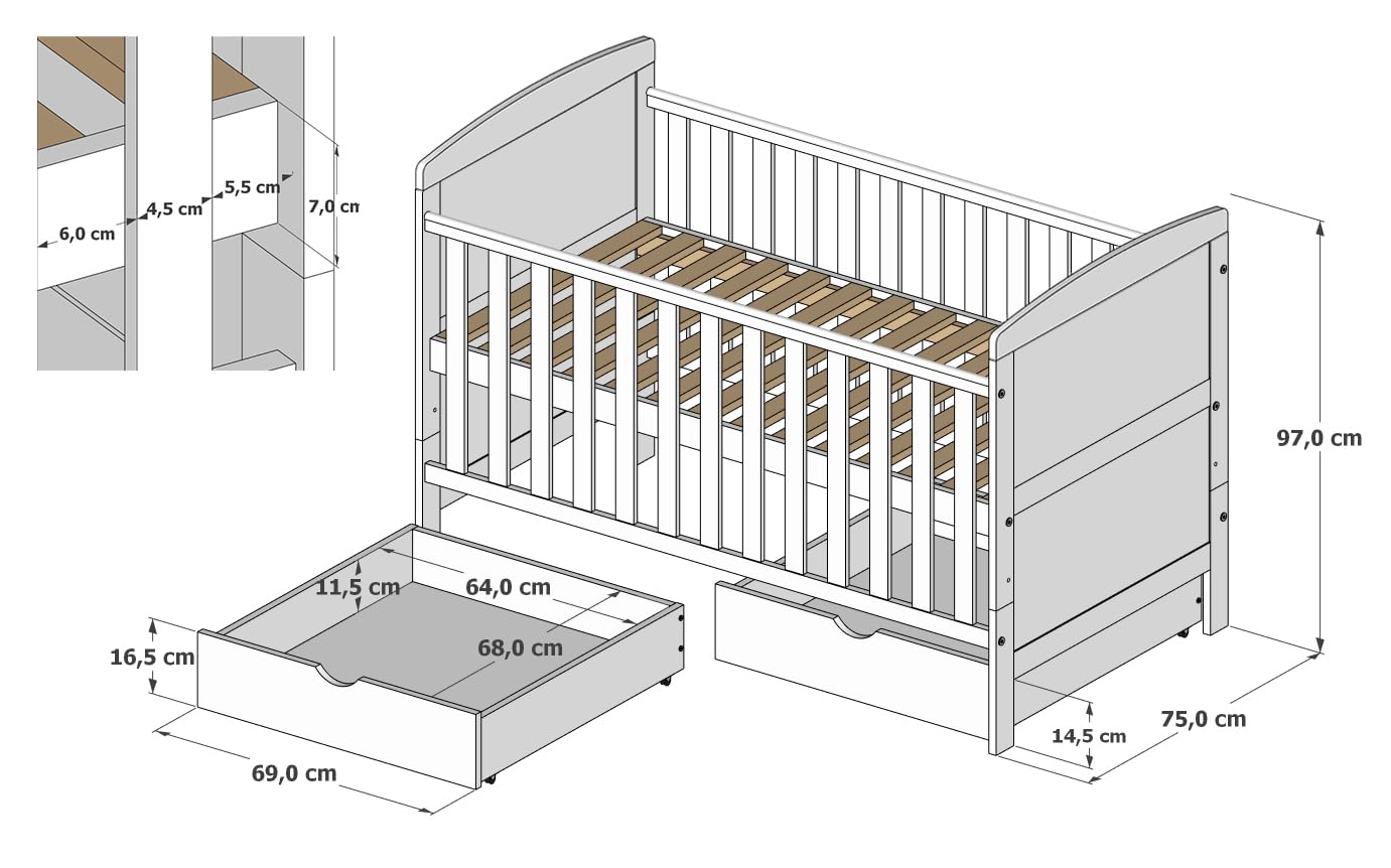 zee Cuna Bebé Blanca 140x70 Philip 3 en 1 con Cajones
