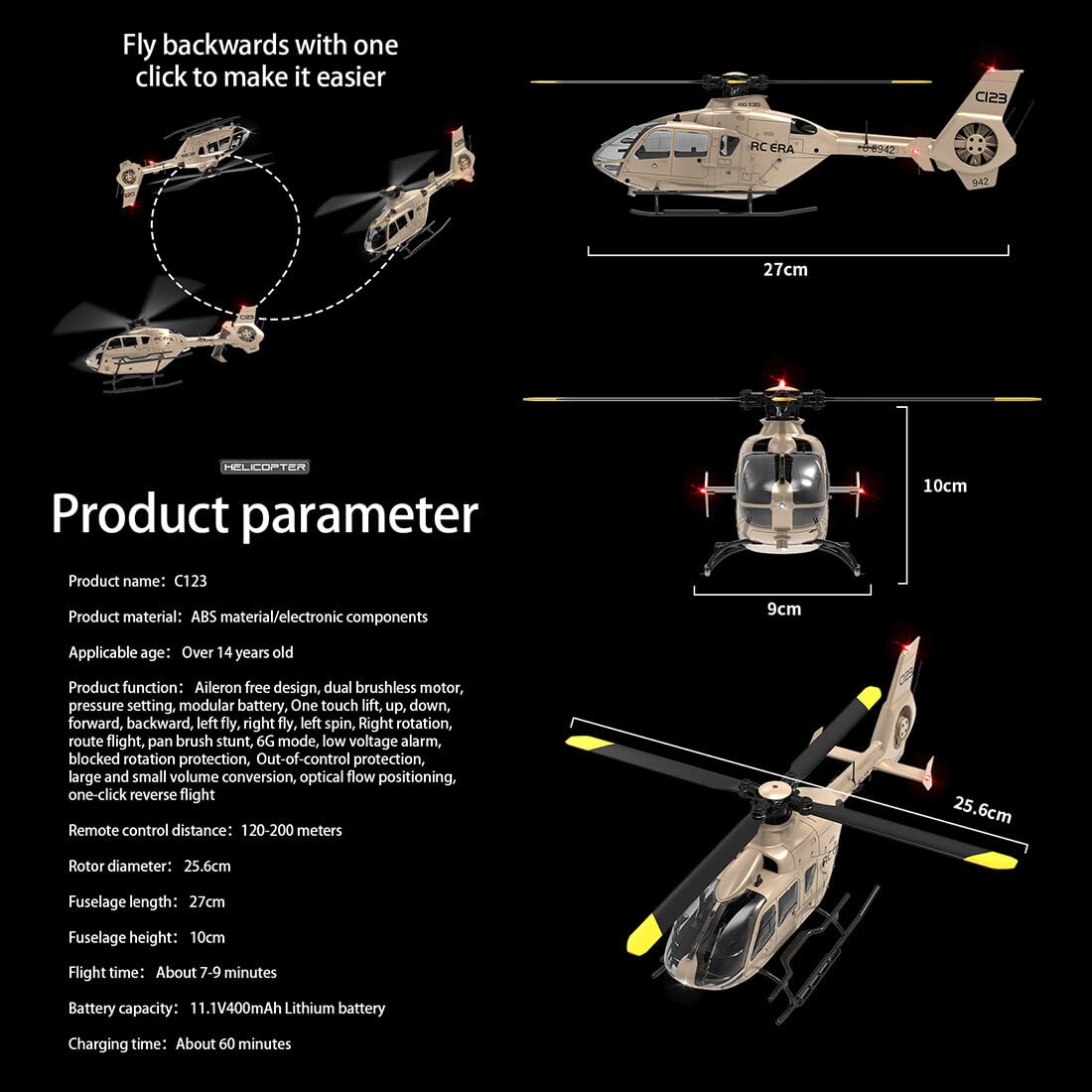 NULA RC Hubschrauber Spielzeug für Erwachsene, C123 1/36 EC135 Ferngesteuertes Helicopter 2.4G 6CH Einmotoriges Gyroskopisches Fluggerät RC Flugzeug für Anfänger - RTF Version