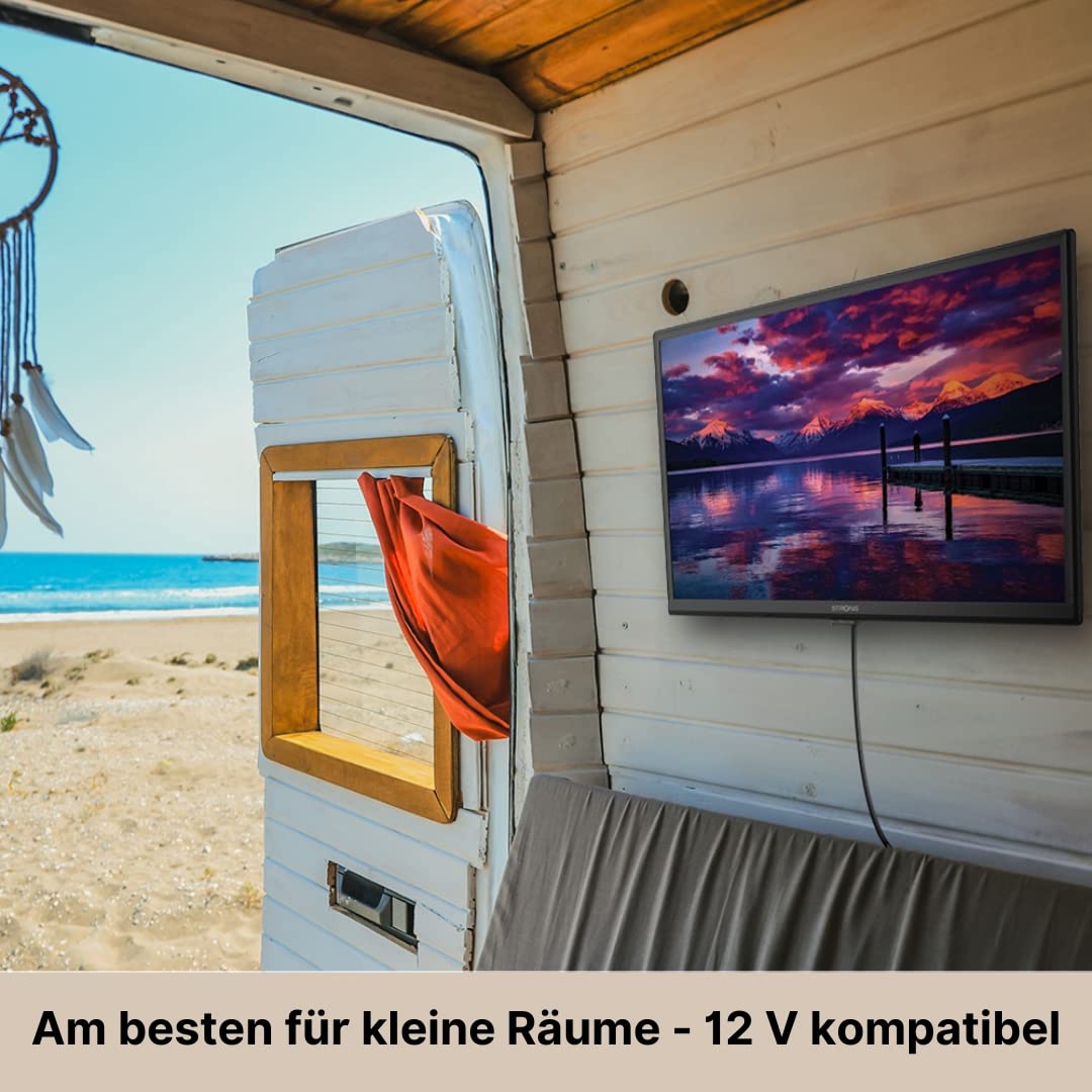 STRONG - 24 Zoll (60 cm) HD Fernseher SRT24HE4023-12V Fernseher ideal für Wohnwagen, Wohnmobil - Triple-Tuner - 2 HDMI-Anschlüsse (1 ARC), 1 USB-Port, Mini-AV, Antennen-/SAT-Anschluss - schwarz