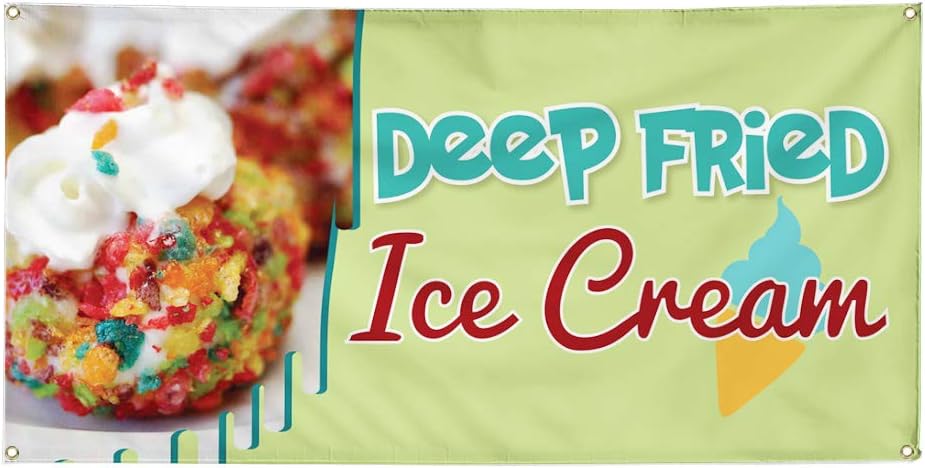 Vinyl Banner Multiple Sizes Deep Fried Ice Cream Advertising Printing Retail Outdoor Weatherproof Industrial Yard Signs Green 4 Grommets 16x40Inches