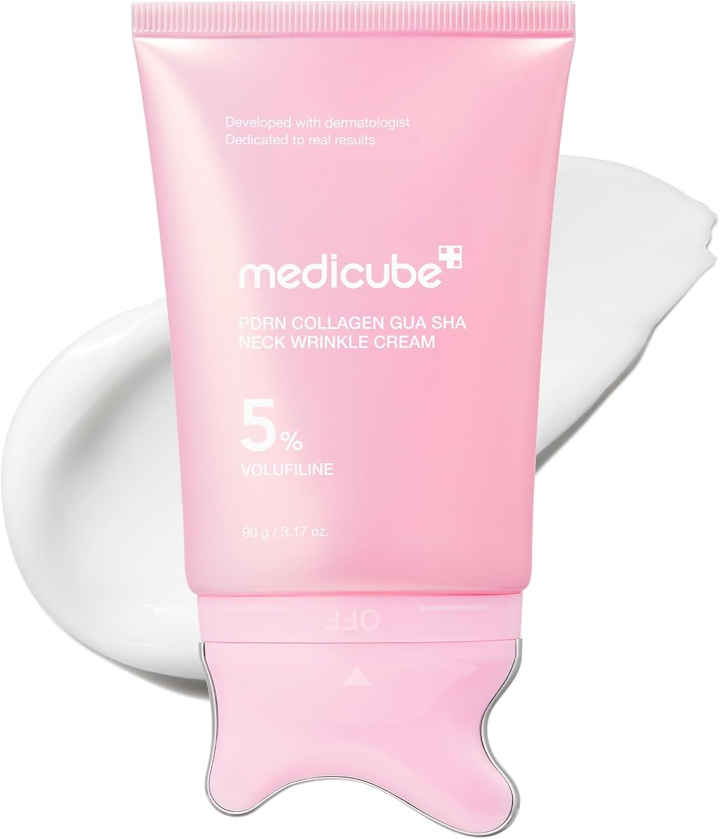 medicube PDRN Collagen Gua Sha Crema antiarrugas para el cuello - Reafirmante, cuidado del contorno | Masajeador Gua Sha incorporado con Volufiline 5% - Para la apariencia de líneas finas, línea de mandíbula, cuello, escote, cuidado de la piel coreano, 3.17 oz