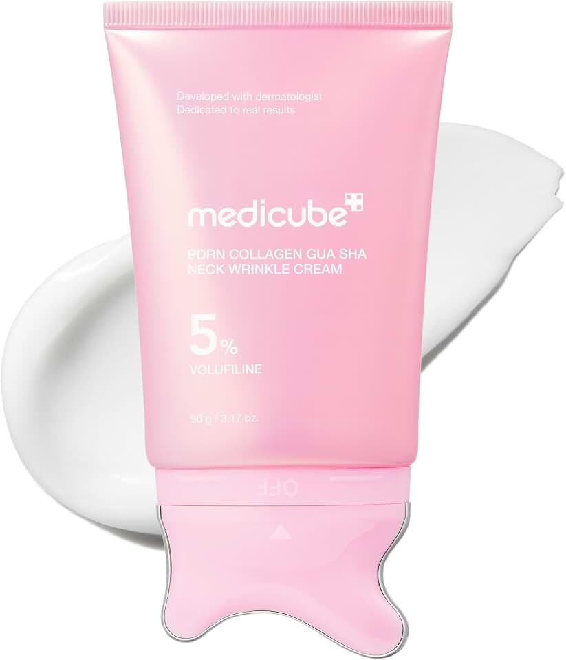 medicube PDRN Collagen Gua Sha Neck Wrinkle Cream - Firming, Contour Care | Built-In Gua Sha Massager with Volufiline 5% - For the Look of Fine Lines, Jawline, Neck, Décolleté, Korean Skincare, 3.17 oz
