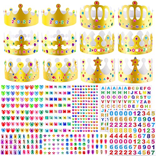 SIQUK 24 Golden Party Crowns with 980 Gem Jewels Alphabet Number Letter Stickers for Princess Prince and Celebration