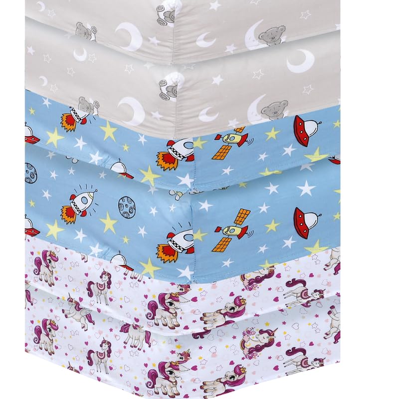 6 X Cot Bed Fitted Sheets, 70 x 140 cm Easy Care Fine Quality (Sleeping Teddy-Space Blue-Unicorn)