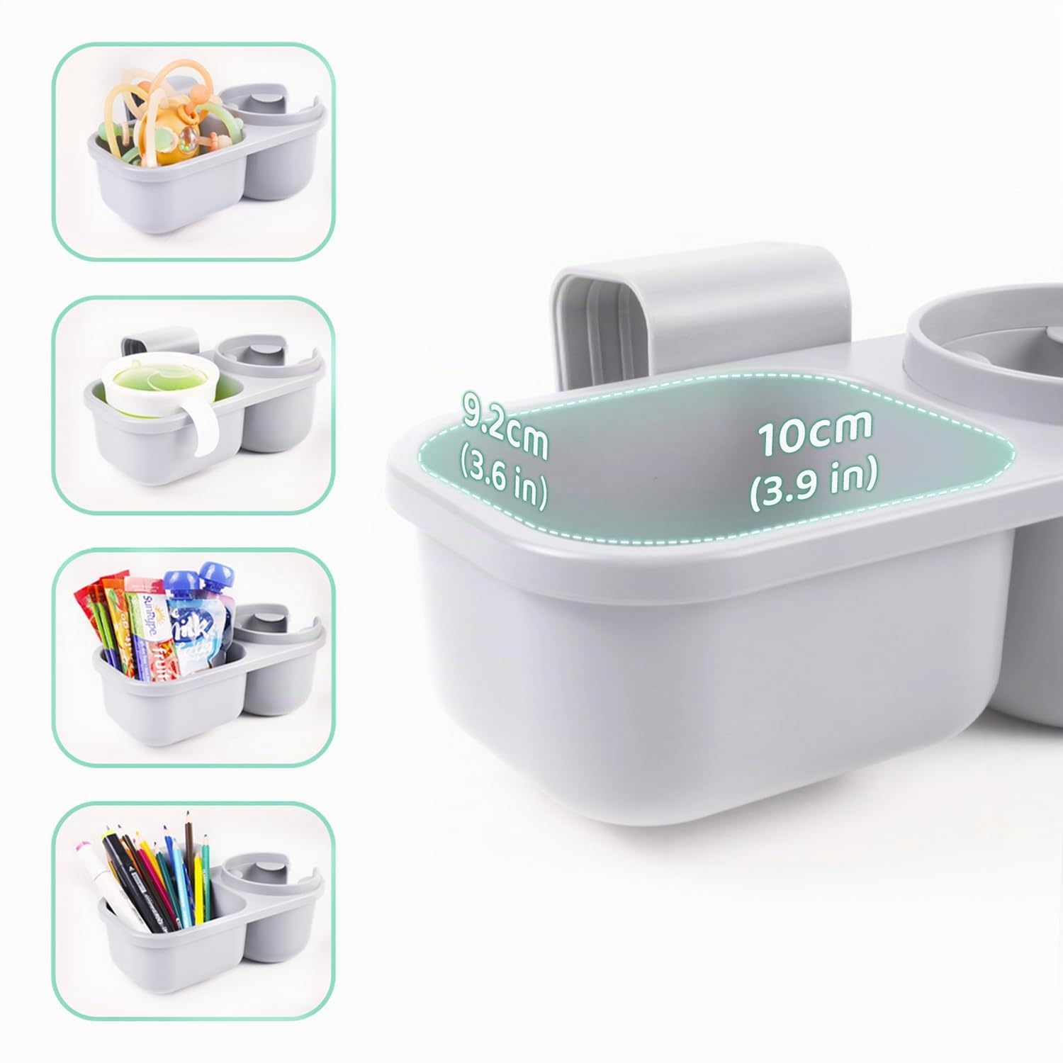J4102CS Porte-gobelet universel pour enfant avec dosette à goûter, gris, matériau ABS, compatible avec la plupart des sièges auto et poussettes convertibles