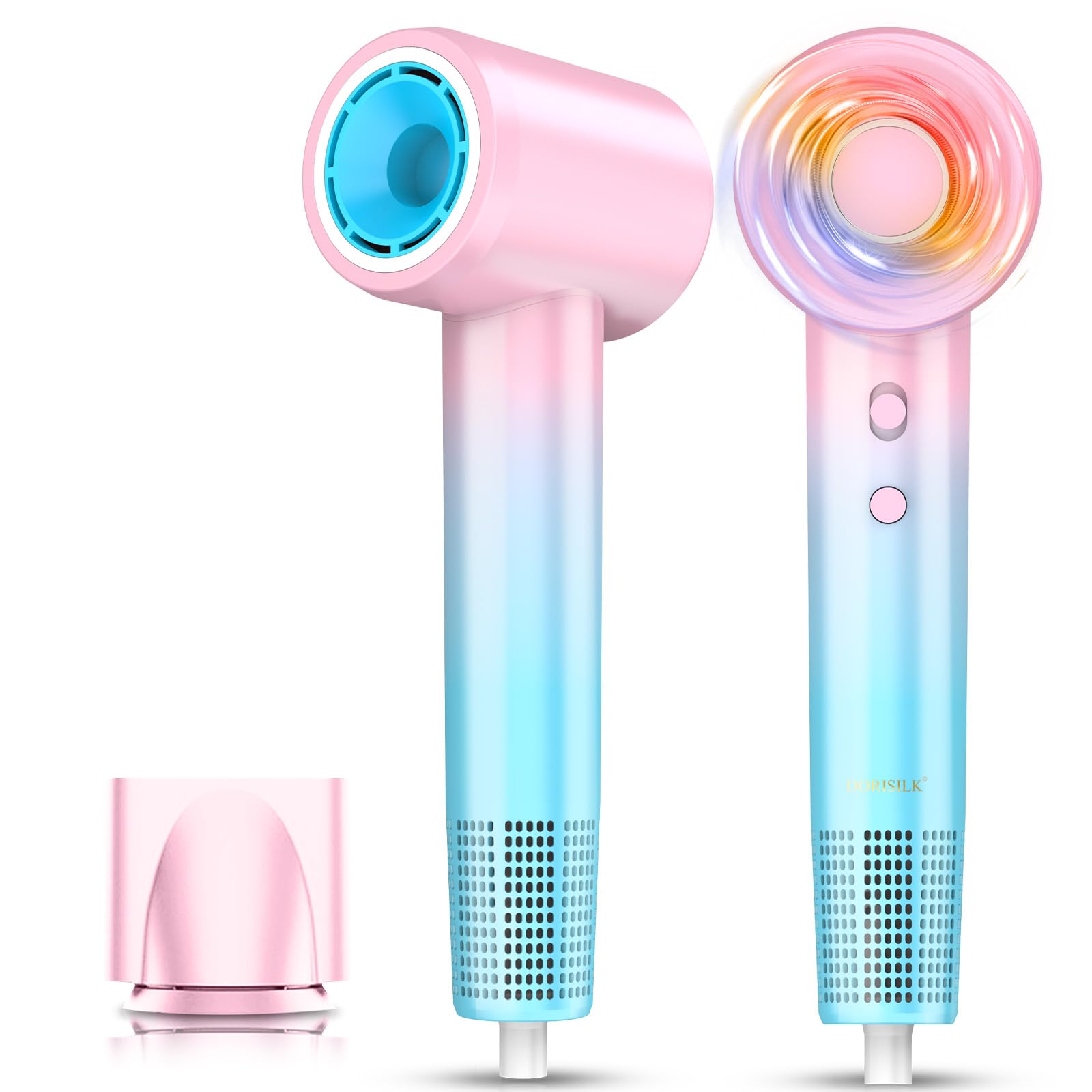 DORISILK Ionic Hair Dryer 110,000 RPM High Speed, Teen Girls Blow Dryer Professional for Salon Home Use, Portable Blowout Hairdryers Lightweight with Nozzle Hot & Cold Selection for Women, Pink+Blue Aurora Pink Blue