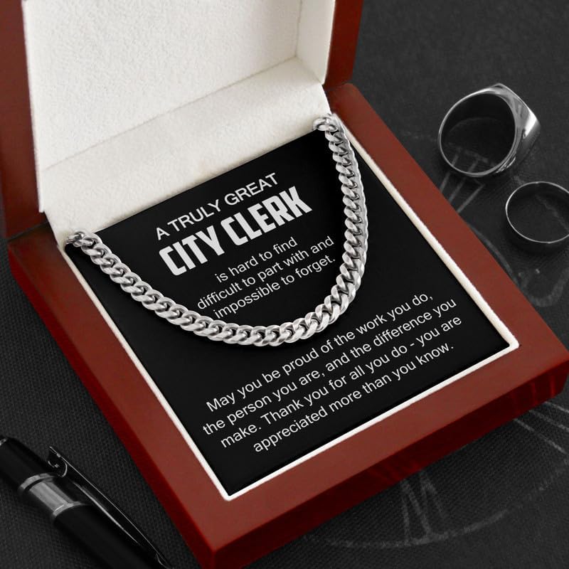 City Clerk Necklace Cuban Chain Silver - Hard To Find Difficult To - Appreciation Retirement Coworker Office Workplace Thank You