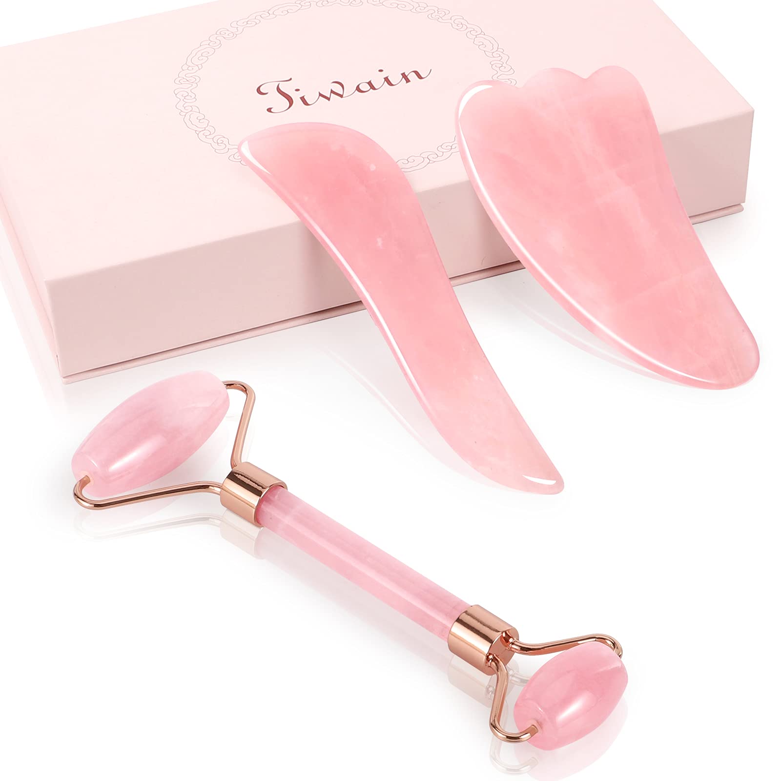 Jade Face Roller and Gua Sha Massage Tool Set, Natural Jade Guasha Board for Face Body, Skincare Gua Sha Facial Massager, Anti Aging Rose Quartz Roller Massager, SPA Acupuncture Massager (3 Pack)