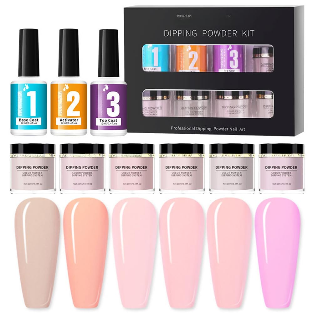 Kit di polvere per immersione per unghie, 6 colori, con base, attivatore e top coat, per manicure francese, non richiede lampada UV/LED, nail art fai da te per principianti e appassionati