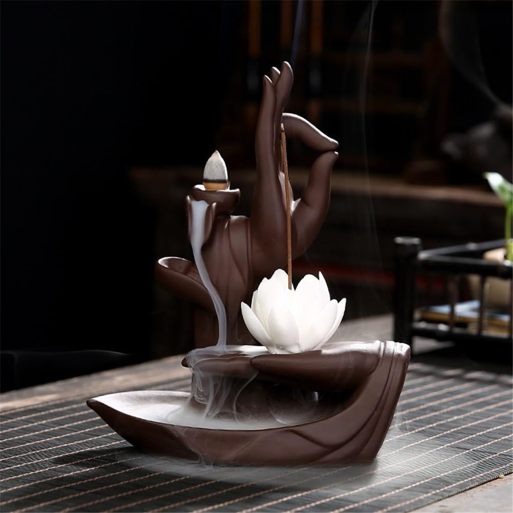 Räuchergefäß Home Backflow Weihrauchbrenner Große Buddha-Hand Lotus Lila Ton Dekorative Weihrauchhalter