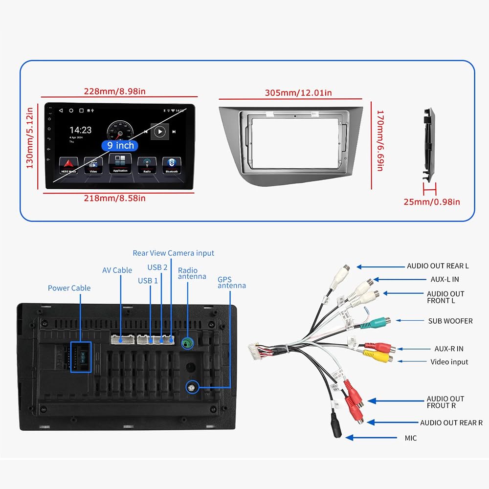 9"Android 14 Doppio Din Autoradio per Seat Leon 2005-2013, 4+64G Touchscreen Autoradio con Wireless Carplay Android Auto DAB Radio 8 Core con GPS WiFi FM/RDS 32EQ Rückfahrkamera SWC