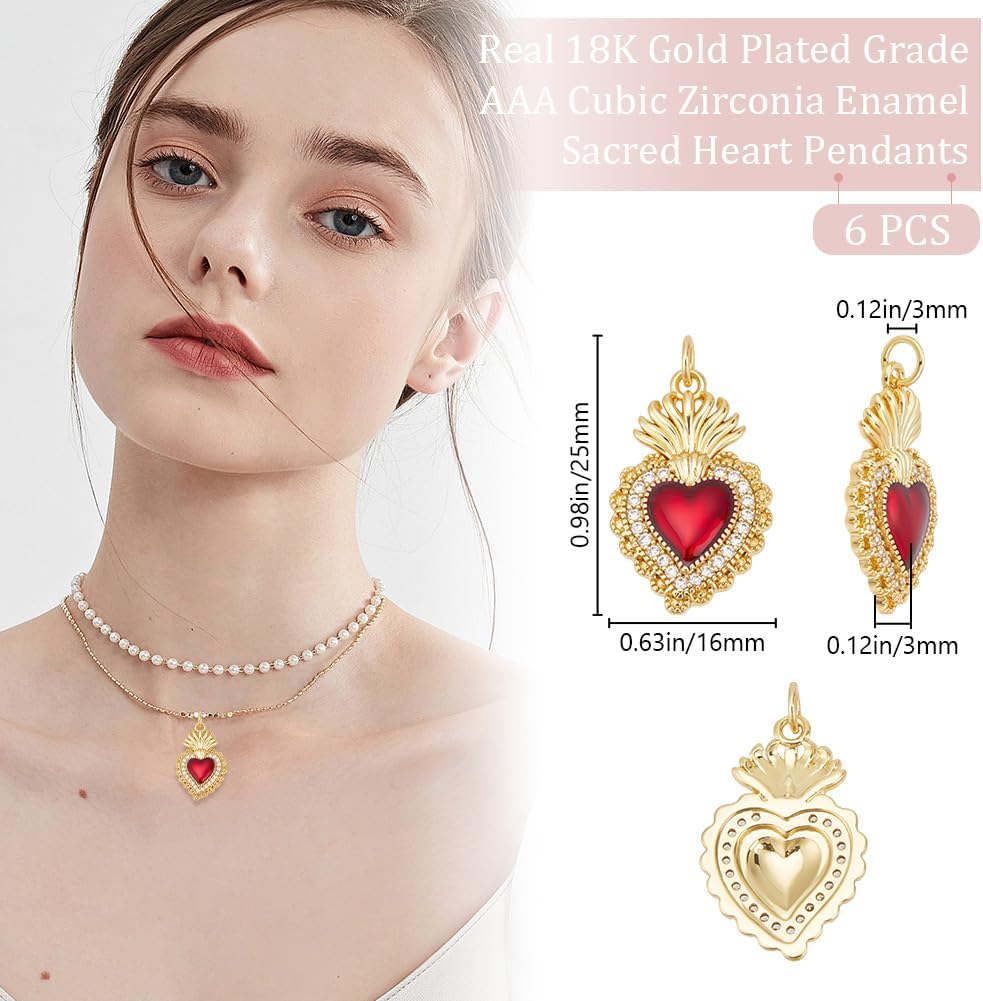 Beebeecraft 1 Box 6Pcs Red Heart Charms Real 18K Gold Plated Brass Cubic Zirconia Enamel Gothic Sacred Hearts Charms