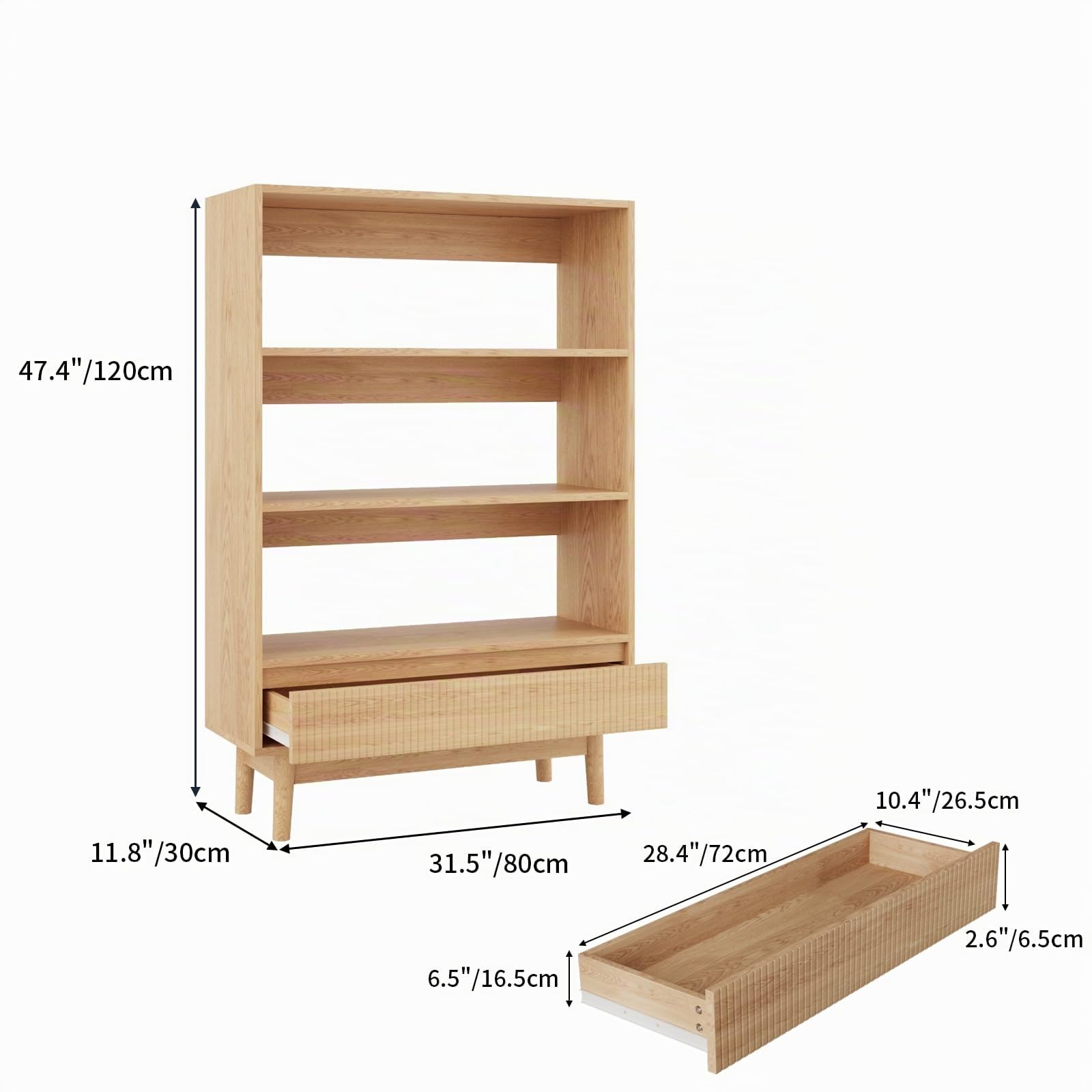 VOWNER 3-Ebenen Bücherregal mit Schublade, Offenes Standregal, Holzregal Modern, Vielseitiges Aufbewahrungsregal, für Büro, Wohnzimmer, Schlafzimmer, Küche, 80x120x30 cm, Holzfarbe (1)