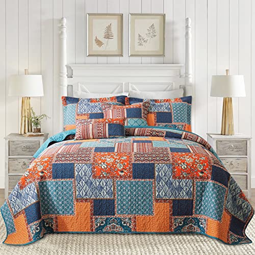 BEDIFANY 3 Pieces Cotton King Size Quilt Sets, Lightweight Bedspread King Size Soft Farmhouse King Quilt Bedding Sets for Bed Decorations for All Seasons,Orange
