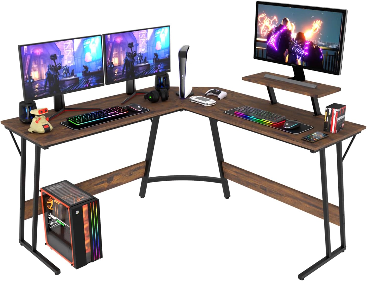 PayLessHere | L-Shaped Corner Desk | Brown | Z-Shaped Design Computer Desk