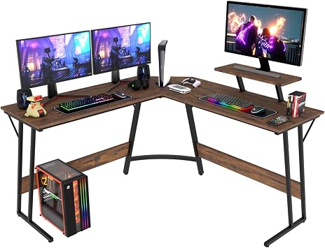 L Shaped Gaming Desk with Monitor Stand, Corner Computer Desk for Home Office, Sturdy Z-Shaped L Desk for Gaming Setup, Work from Home, Black Carbon Fiber Table for Small Spaces Brown