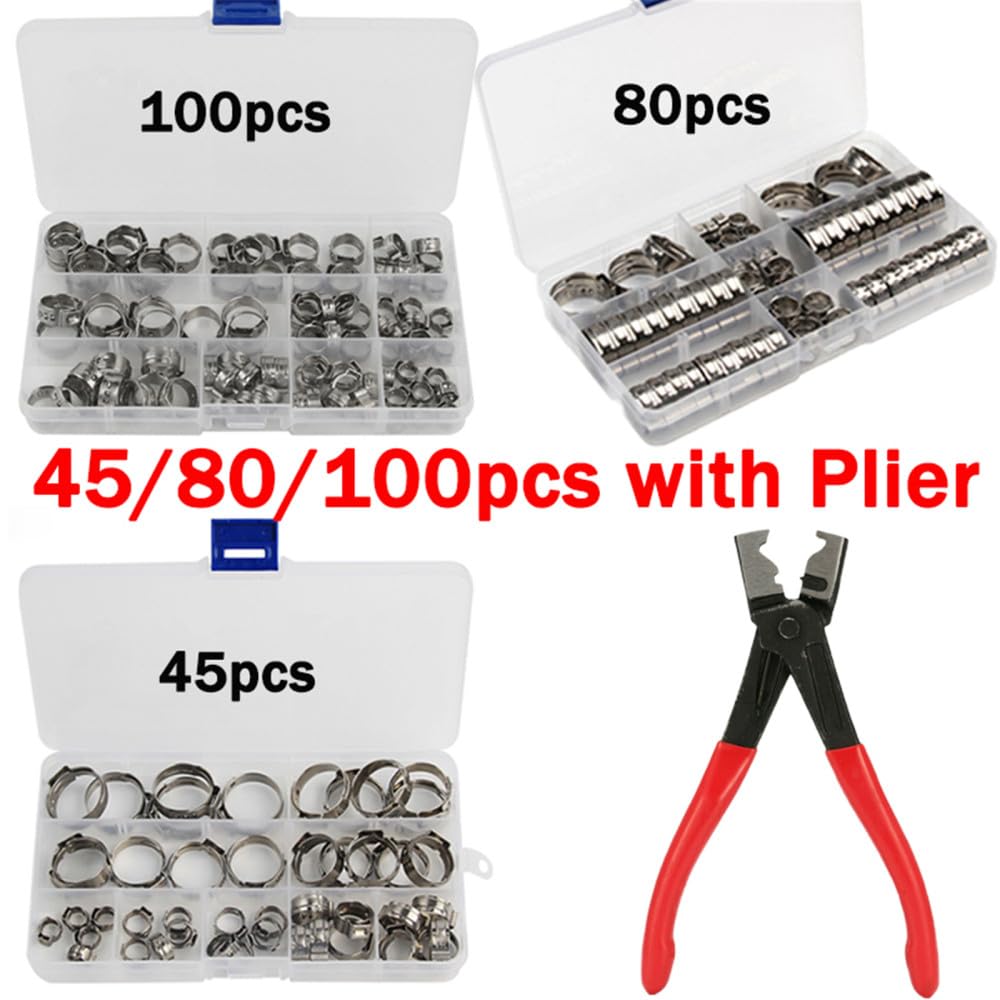 45/80/100 alicates de abrazadera de oreja continuos de acero inoxidable, kit de abrazaderas de manguera de una sola oreja con alicates, anillos de presión para mangueras de tubería, 100 alicates de ab