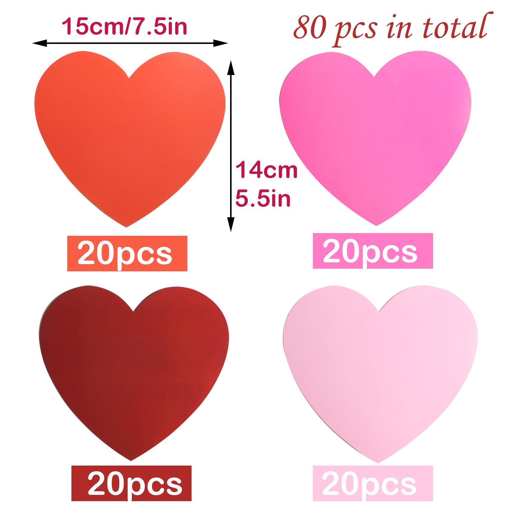 HADDIY Large Paper Hearts Cutous,80 Pcs Red Pink 6 inches Die Cuts Heart Shape Cards for Valentine’s Day and Wedding Craft,Classroom Bulletin Board Decor