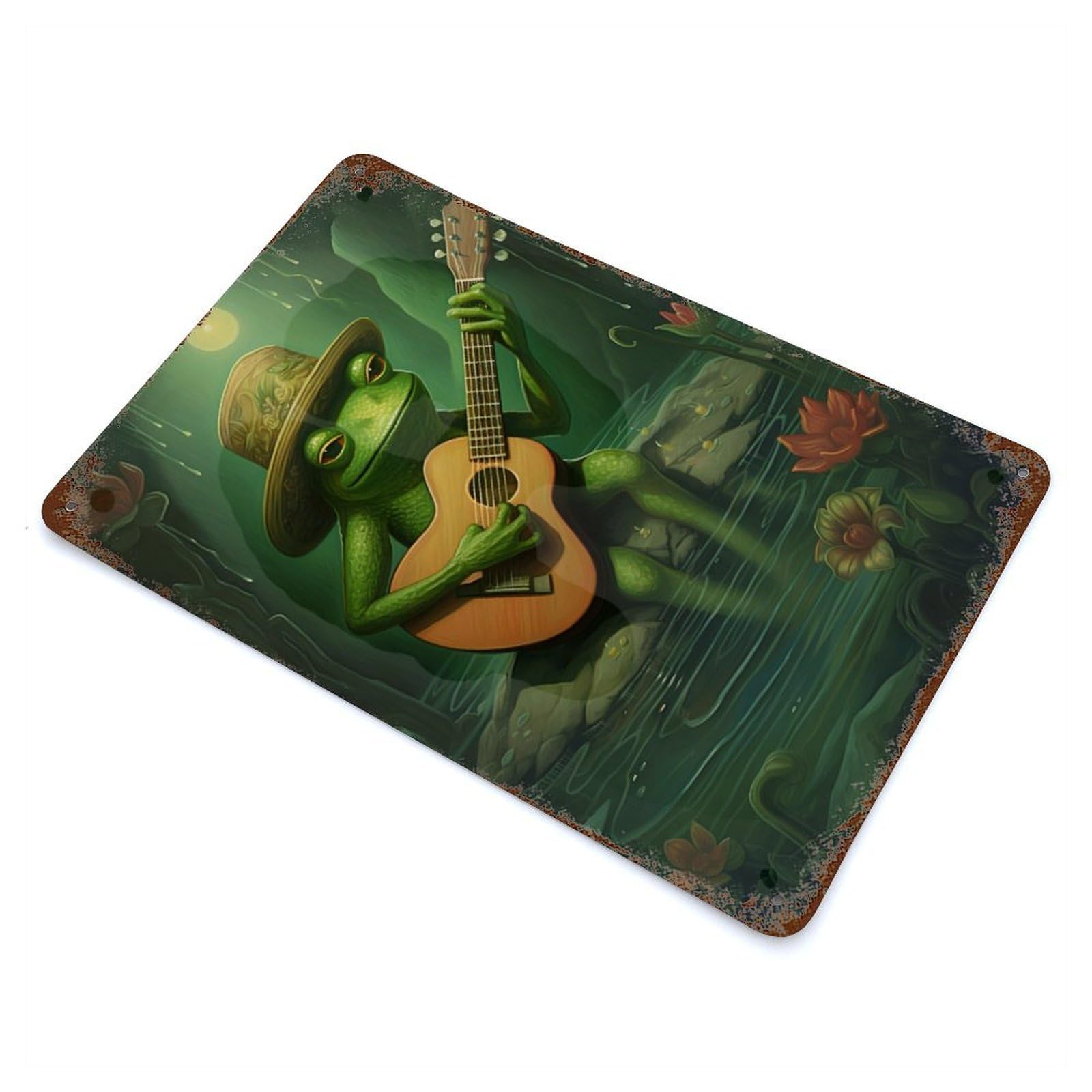 Green Frog Playing Guitar Vintage Wall Sign 11.8"x7.9", Rust Effect Metal Decor for Bistro, Counter And Cafe Decor