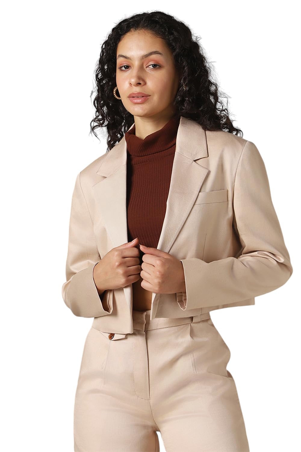 hubberholme Women Solid Crop Length Oversized Notch Lapel Collar Full Sleeve Blazer-picture-33