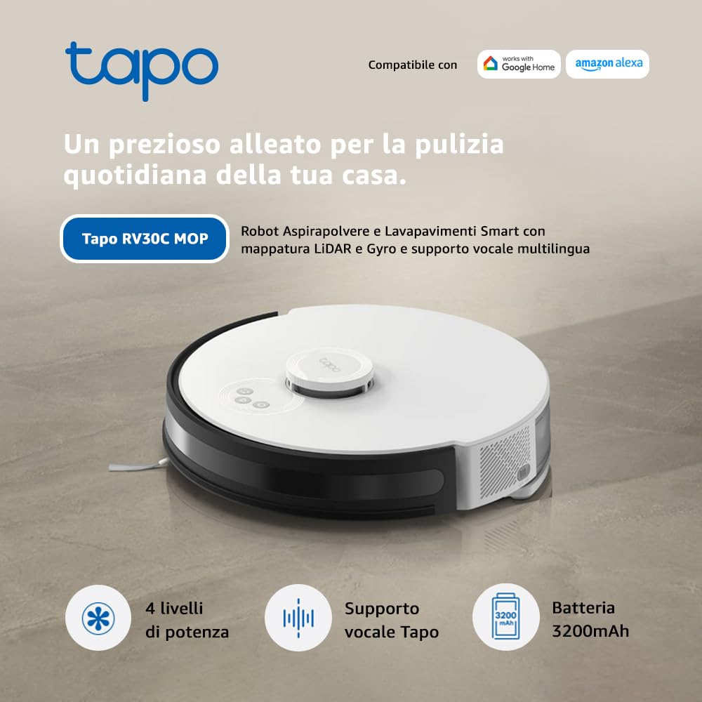 Tapo RV30C Mop Robot Aspirapolvere Lavapavimenti, Aspirazione Potenza 4200Pa, Navigazione LiDAR, Mappatura Rapida, Batteria da 3200mAh, Adatto a Pavimenti e Tappeti, Controllo Alexa & Google