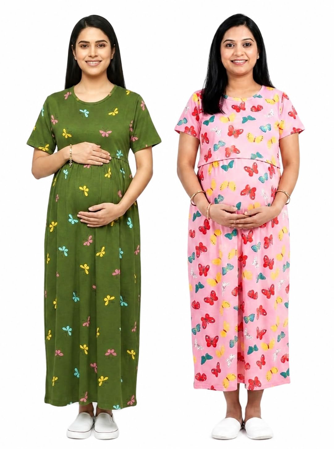 Women’s Cotton Maternity Dress Pack of 2 Green and Pink - Zipless Nursing Feeding Gown Combo Soft Breathable Pregnancy Hospital Wear-picture-42