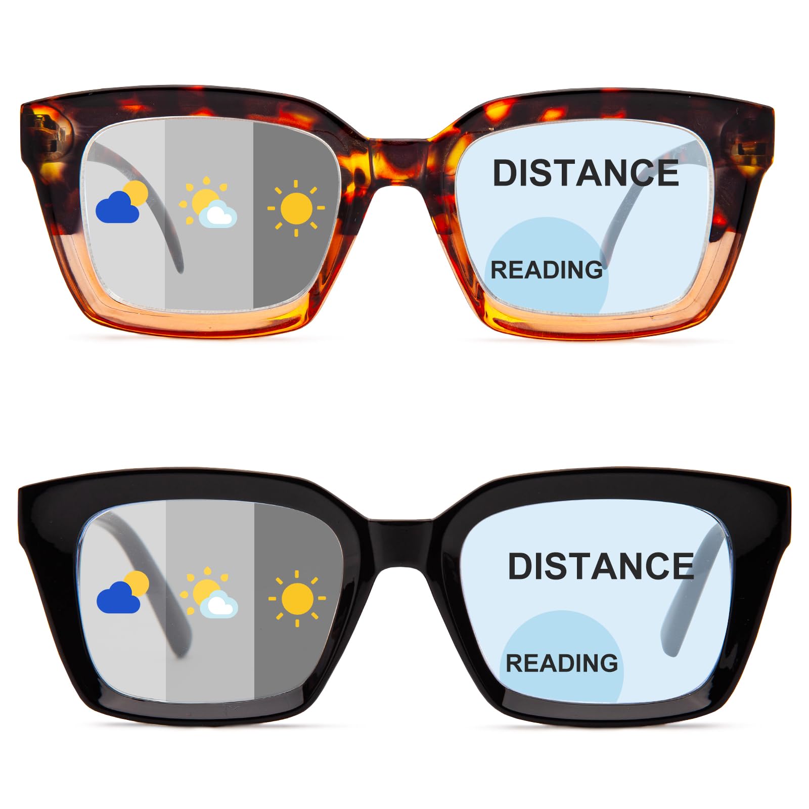 Amorays 2 Pack Fotocromatici Occhiali da Lettura da Sole Oversize Square Frame con Blocco Della Luce Blu per Donna Uomo BSSG6561(Nero+Tartaruga,+1.50)