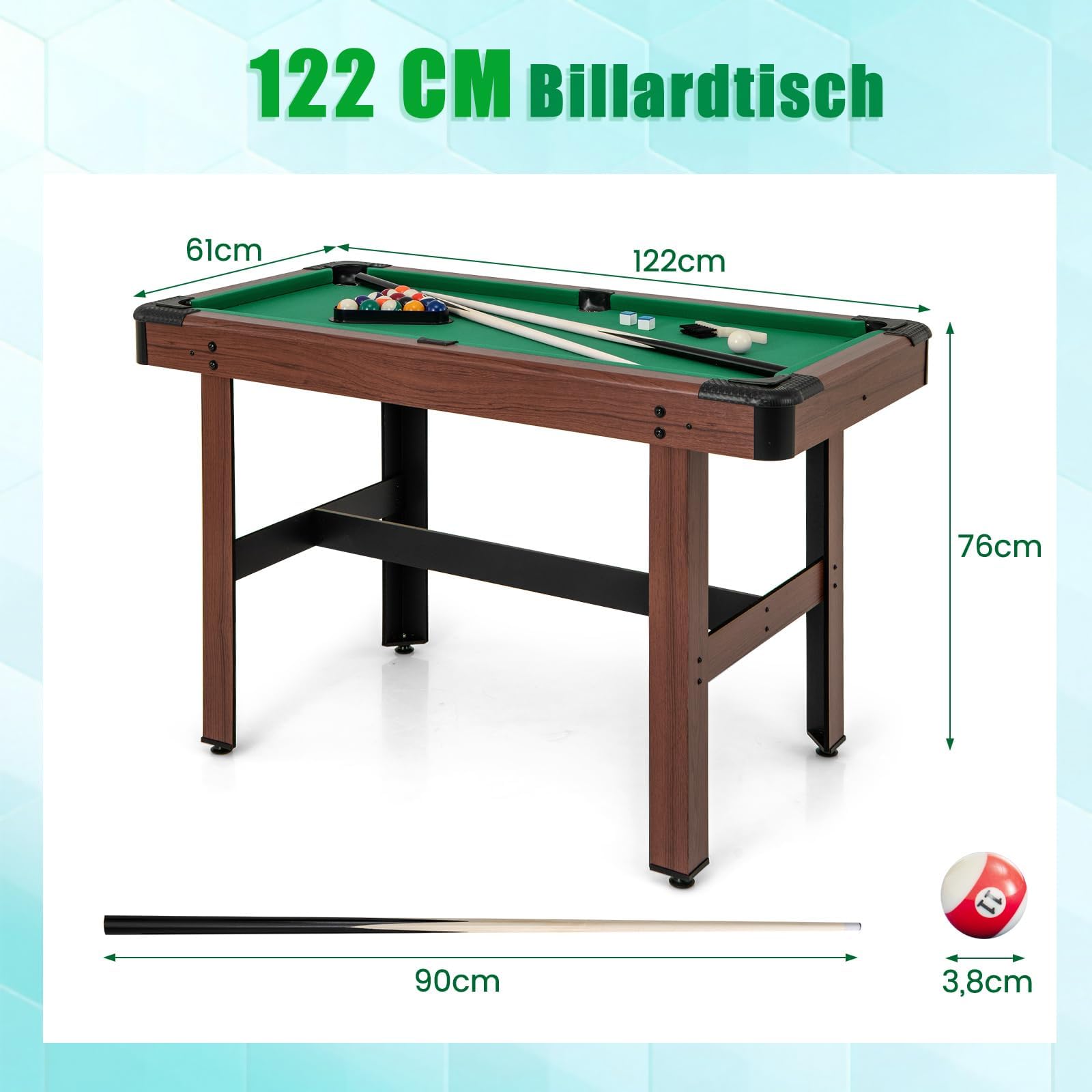 FANTASK Mesa de Billar de Madera con Accesorios, Mesa de Billar con 2 Tacos, 2 tizas y triángulo y Cepillo, Juego de Billar para niños y Adultos, 122 x 61 x 76 cm