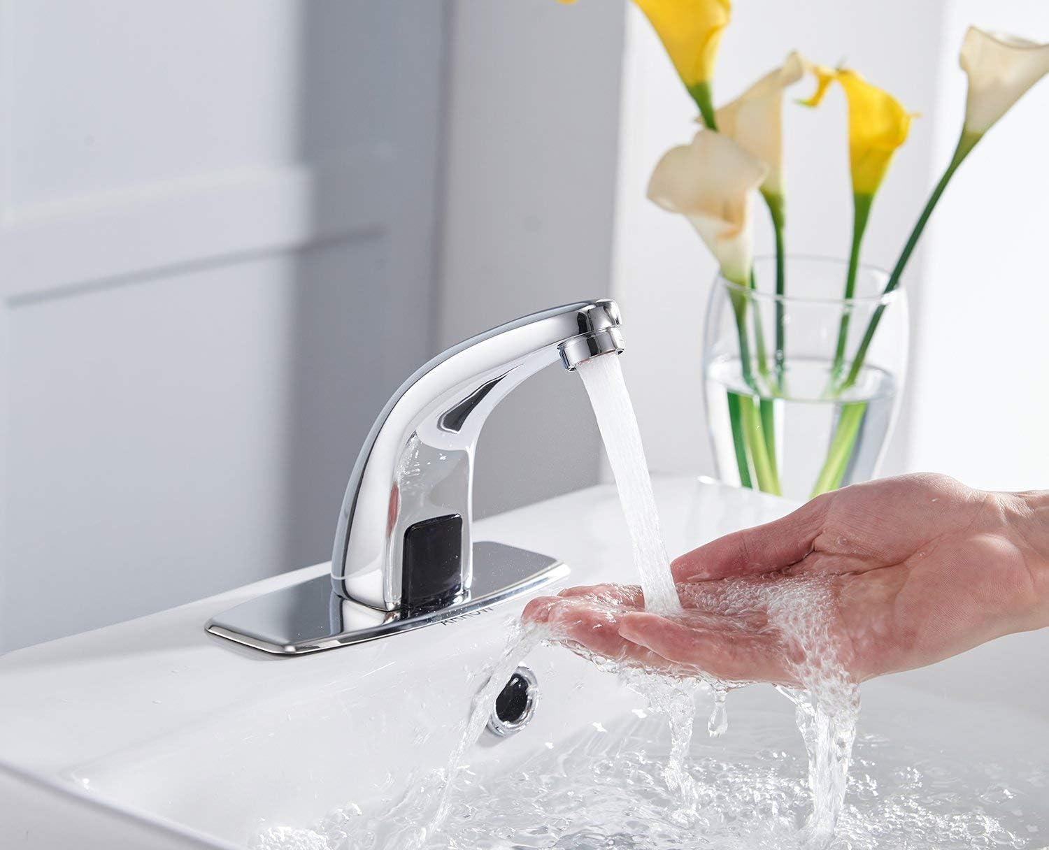 HALO Commercial Automatic Touchless Sensor Bathroom Faucet,Motion Activated Hands Free Kitchen Sink Tap with Hole Cover Deck Plate,Lead Free Kitchen Vessel Sink Tap with Control Box,Chrome - - 
