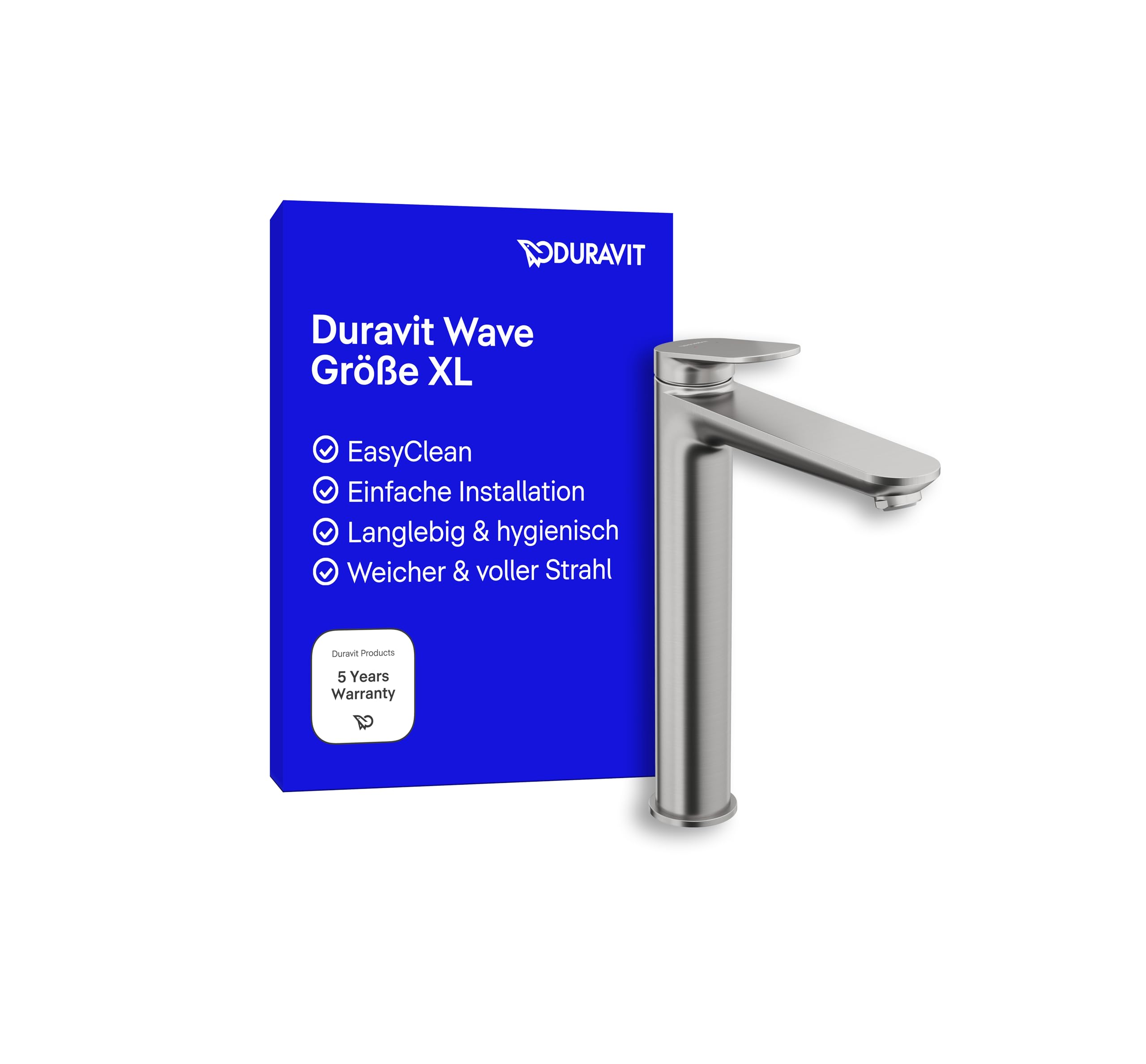 Duravit Wave Waschtischarmatur, Größe XL (Auslauf Höhe 236 mm), Wasserhahn Bad, Armatur Waschbecken, Edelstahl Gebürstet