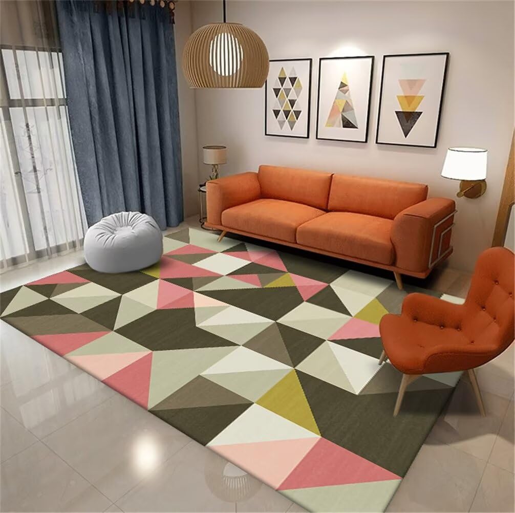 Tapis moderne lavable 200x300 cm géométrique vert et rose parfait pour l'entretien facile du salon