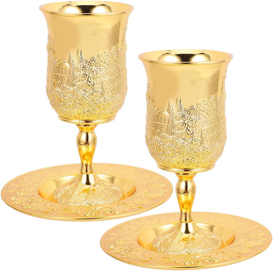 2 Sets Vintage Judaica Wine Goblet with Matching Tray Embossed Chalice Goblet Cups for Shabbat Havdalah Religious Celebrations Party Favors