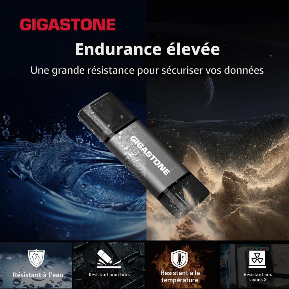 GIGASTONE 512Go Clé USB Double Flash, Z40 USB 3.2 Gen 1, 2-en-1 Type-A & Type-C, 100Mo/s Ultra Rapide, Plug & Play pour Smartphone/PC/Mac/TV/Voiture, USB 2.0/3.0/3.1 Compatible