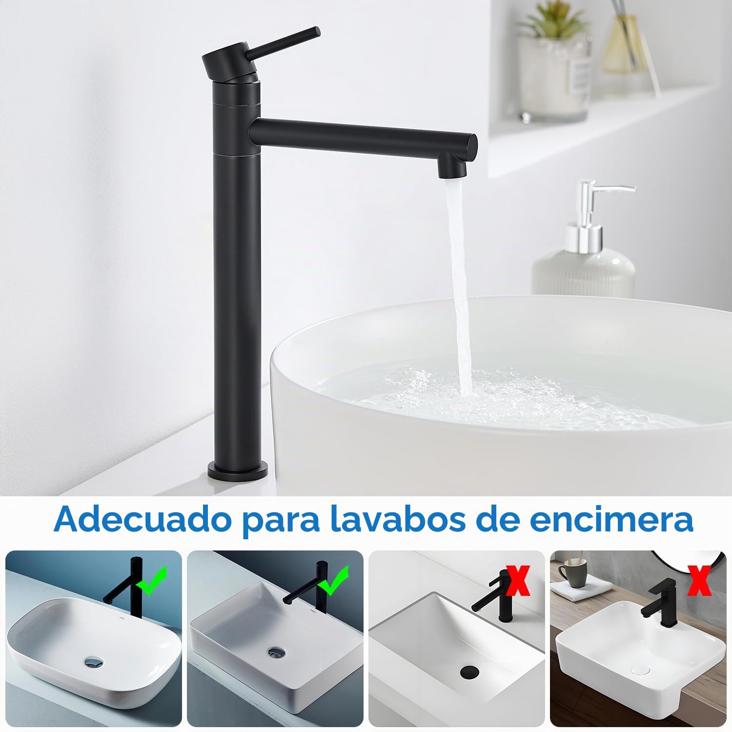Grifo de lavabo alto, grifo de baño negro mate para lavamanos sobre encimera, grifo giratorio 360° para baño, mezclador para agua fría y caliente, altura de salida 237 mm