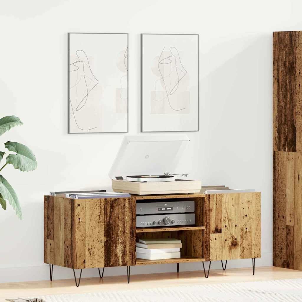 Hothingwell Mobile porta vinili in legno vecchio 121x38x48 cm, scaffale per dischi in legno ingegnerizzato con ante e ferro, mobile contenitore con 2 ripiani per soggiorno, stile moderno