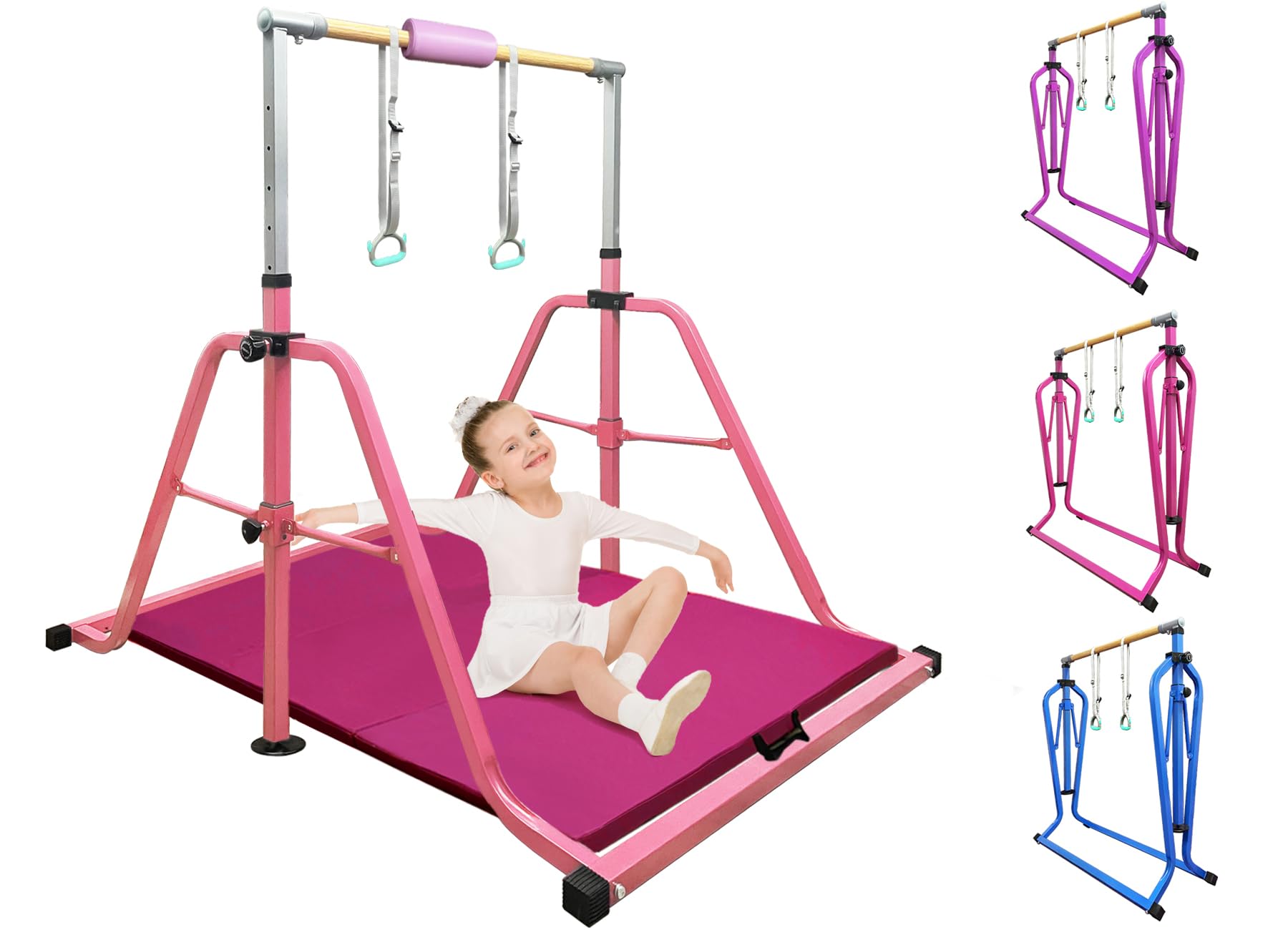 kechery Foldable & Moveable Gymnastics Horizontal Bar with Rings,3’to 5’Adjustable Height Expandable Junior Kip Bar for Home,Indoor Gym Equipment for