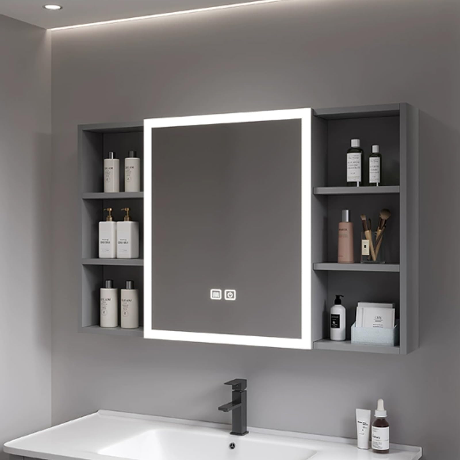 Lustro łazienkowe LED z szafką do przechowywania przeciwmgielne lusterko do makijażu inteligentna szafka na lekarstwa lustro przestrzeń aluminiowa konstrukcja do nowoczesnych łazienek