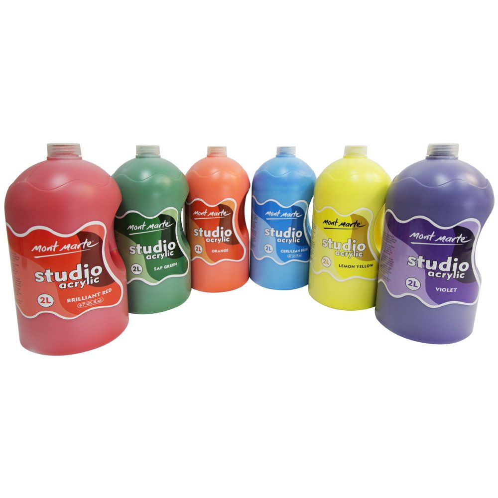 Mont Marte Discovery School Peinture acrylique - Jaune moyen - 2 litres. Idéale pour les étudiants et les artistes. Excellent couvrant et séchage rapide. Capuchon à pompe inclus.
