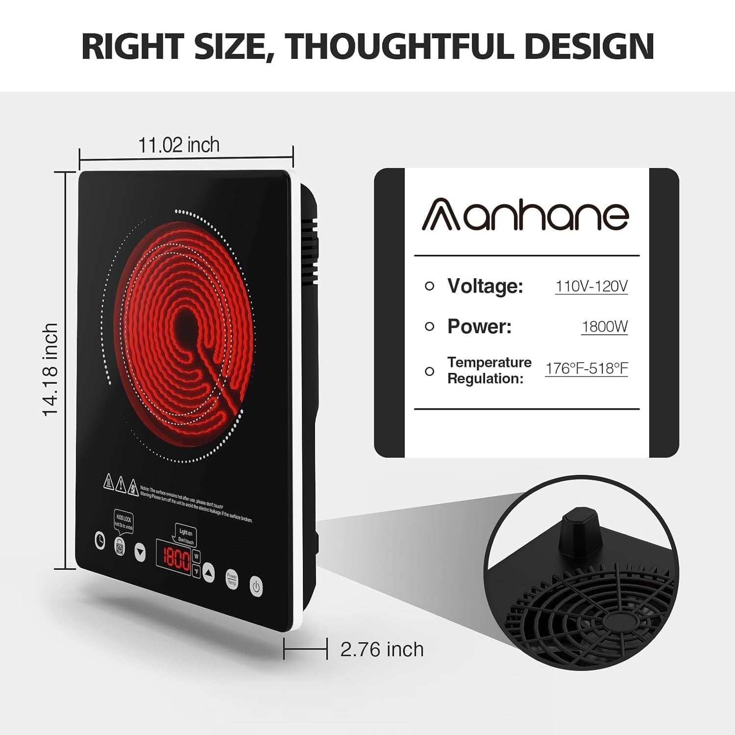 ANHANE 1800W Electric Cooktop, 110V Single Burner Stove with Overheat Protection and Adjustable Power Levels - Portable Ceramic Stove for Kitchen, Travel, RV view 2
