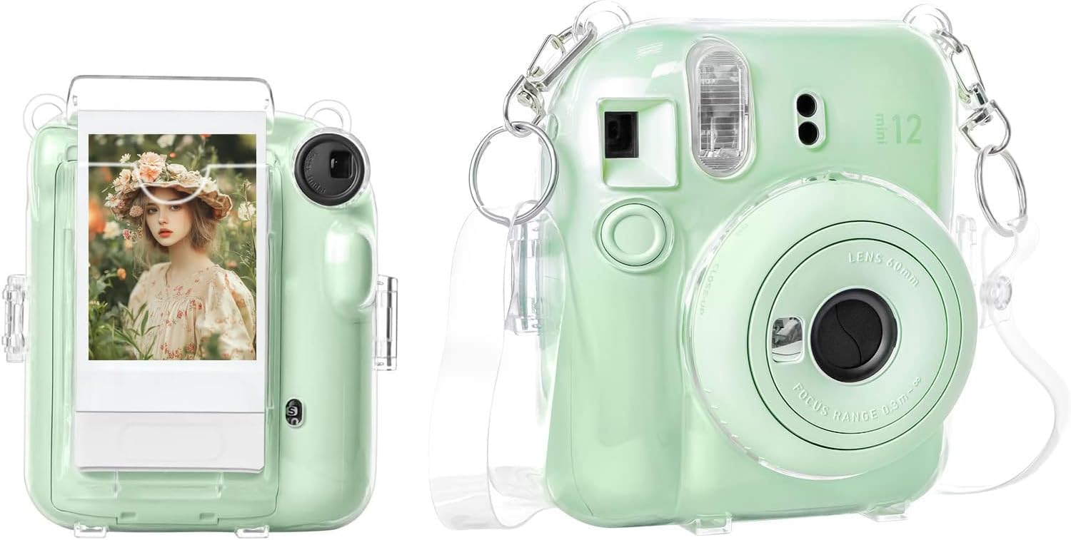 Rieibi Clear Case Compatible with Fuji Instax Mini 12, Hard Carrying Case Bag for Fujifilm Instax Mini 12 Instant Camera, PC Cover with Photo Storage Pocket & Shoulder Strap